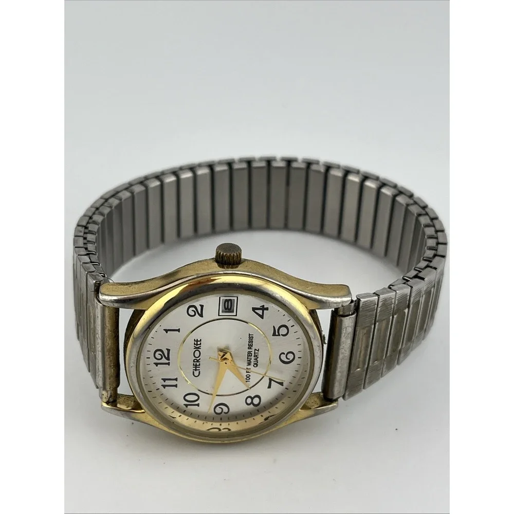 Cherokee Watch Men 32mm Gold Case Silver Stretch Band- New‎ Battery